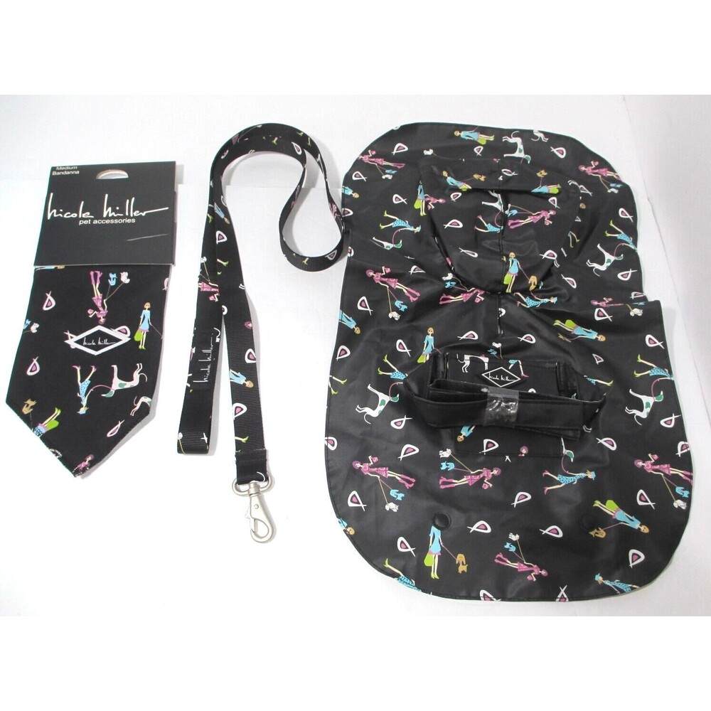 NWT NICOLE MILLER Size M Dog Rain Set Raincoat Leash Bandana Lot